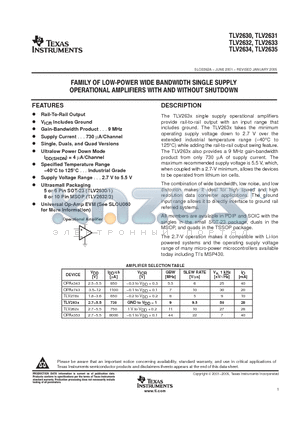 TLV2630 datasheet - FAMILY OF LOW POWER WIDE BANDWIDTH SINGLE SUPPLY OPERATIONAL AMPLIFIERS WITH AND WITHOUT SHUTDOWN