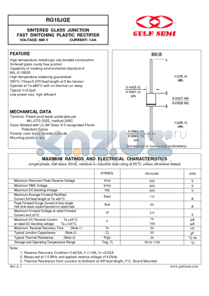 RG10JGE datasheet - SINTERED GLASS JUNCTION FAST SWITCHING PLASTIC RECTIFIER VOLTAGE: 600 V CURRENT: 1.0A
