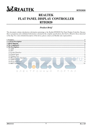 RTD2020 datasheet - FLAT PANEL DISPLAY CONTROLLER