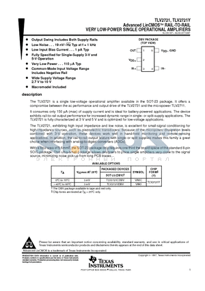 TLV2721Y datasheet - Advanced LinCMOSE RAIL-TO-RAIL VERY LOW-POWER SINGLE OPERATIONAL AMPLIFIERS