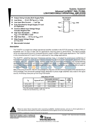 TLV2731 datasheet - Advanced LinCMOSE RAIL-TO-RAIL LOW-POWER SINGLE OPERATIONAL AMPLIFIERS