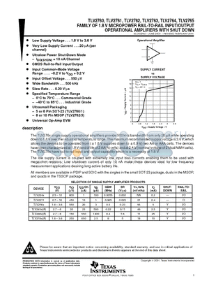 TLV2761IDBVT datasheet - FAMILY OF 1.8 V MICROPOWER RAIL-TO-RAIL INPUT/OUTPUT OPERATIONAL AMPLIFIERS WITH SHUT DOWN