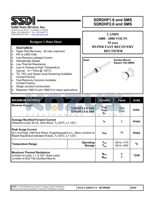 SDR2HF2.0SMS datasheet - 2 AMPS 1800 - 2000 VOLTS 35 nsec HYPER FAST RECOVERY RECTIFIER