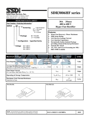 SDR3006HF datasheet - 30A 35nsec 400 to 600 V Hyper Fast Rectifier