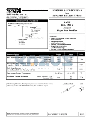 SDR3NSMSS datasheet - 3AMP 800 - 1200V 35nsec Hyper Fast Rectifier