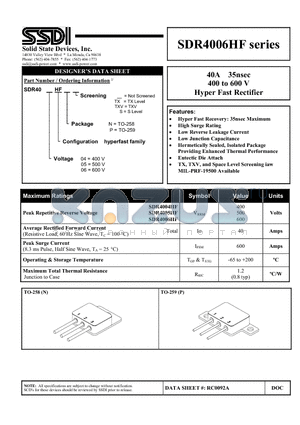 SDR4006HFNS datasheet - 40A 35nsec 400 to 600 V Hyper Fast Rectifier