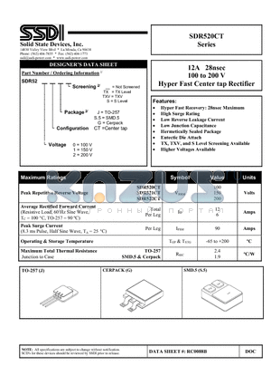 SDR521CTGS datasheet - 12A 28nsec 100 to 200 V Hyper Fast Center tap Rectifier