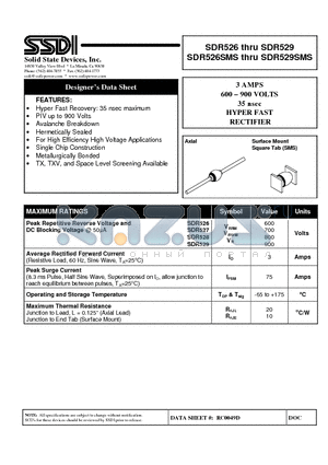 SDR529SMS datasheet - 3 AMPS 600 - 900 VOLTS 35 nsec HYPER FAST RECTIFIER