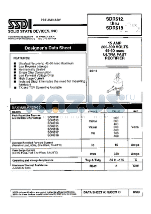 SDR614 datasheet - 15 AMP 200-800 VOLTS 45-60nsec ULTRA FAST RECTIFIER