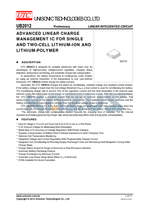UB2012XG-S08-T datasheet - ADVANCED LINEAR CHARGE MANAGEMENT IC FOR SINGLE AND TWO-CELL LITHIUM-ION AND LITHIUM-POLYMER