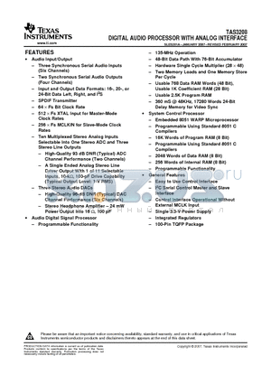 TAS3208 datasheet - DIGITAL AUDIO PROCESSOR WITH ANALOG INTERFACE