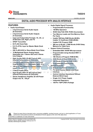 TAS3218PZPR datasheet - DIGITAL AUDIO PROCESSOR WITH ANALOG INTERFACE