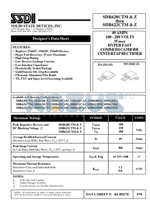 SDR622CTM datasheet - 40 AMPS 100 - 200 VOLTS 35 nsec HYPER FAST COMMOM CATHODE CENTERTAP RECTIFIER