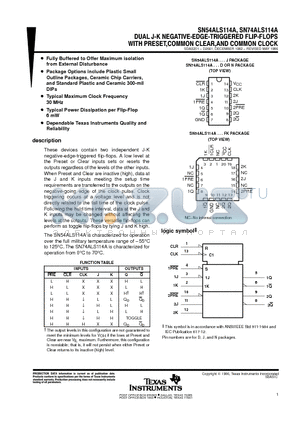 SN74ALS114A datasheet - DUAL J-K NEGATIVE-EDGE-TRIGGERED FLIP-FLOPS WITH PRESET, COMMON CLEAR AND COMMON CLOCK