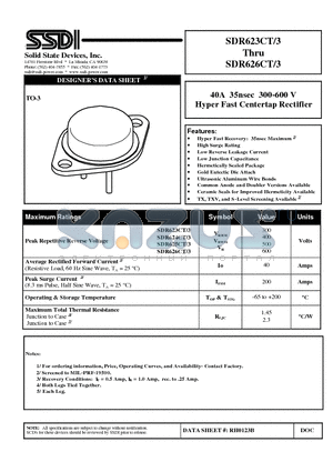 SDR623CT-3 datasheet - 40A 35nsec 300-600 V Hyper Fast Centertap Rectifier