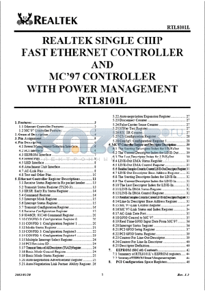 RTL8101L datasheet - REALTEK SINGLE CHIP FAST ETHERNET CONTROLLER AND MC97 CONTROLLER WITH POWER MANAGEMENT