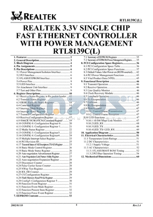 RTL8139C datasheet - REALTEK 3.3V SINGLE CHIP FAST ETHERNET CONTROLLER WITH POWER MANAGEMENT