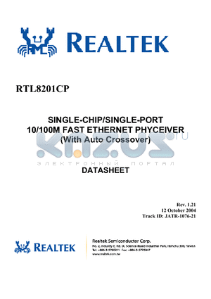 RTL8201CP-LF datasheet - SINGLE-CHIP/SINGLE-PORT 10/100M FAST ETHERNET PHYCEIVER (With Auto Crossover)