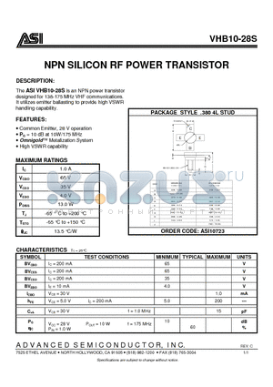 VHB10-28S datasheet - NPN SILICON RF POWER TRANSISTOR