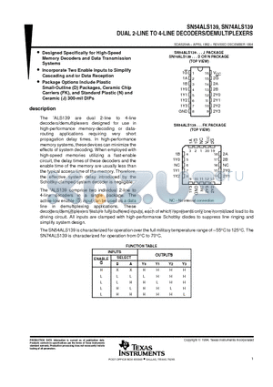 SN74ALS139DRE4 datasheet - DUAL 2-LINE TO 4-LINE DECODERS/DEMULTIPLEXERS
