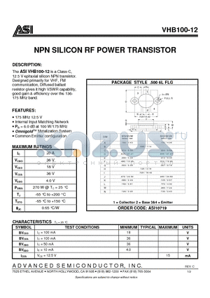 VHB100-12 datasheet - NPN SILICON RF POWER TRANSISTOR
