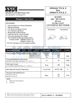 SDR646CTM datasheet - 40AMPS 600 - 700 VOLTS 60 nsec ULTRA FAST CENTERTAP RECTIFIER