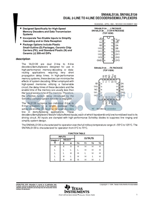 SN74ALS139DRG4 datasheet - DUAL 2-LINE TO 4-LINE DECODERS/DEMULTIPLEXERS