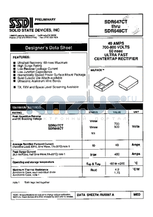 SDR648CT datasheet - 40 AMP 700 -800 VOLTS 60 nsec ULTRA FAST CENTERTAP RECTIFIER