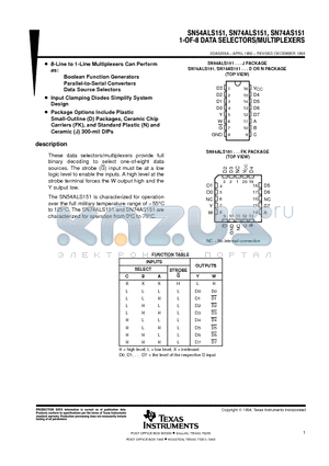 SN74ALS151NSR datasheet - 1-OF-8 DATA SELECTORS/MULTIPLEXERS