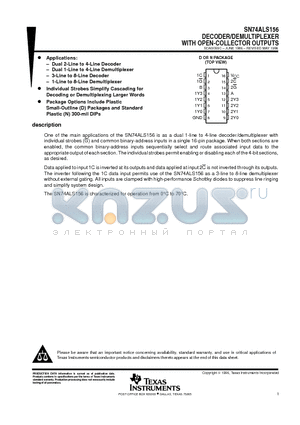SN74ALS156 datasheet - DECODER/DEMULTIPLEXER WITH OPEN-COLLECTOR OUTPUTS