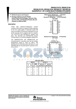 SN74ALS157A datasheet - QUADRUPLE 1-OF-2 DATA SELECTORS/MULTIPLEXERS