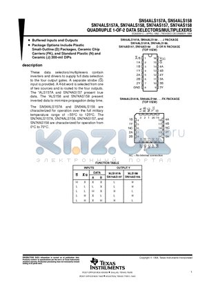 SN74ALS157A datasheet - QUADRUPLE 1-OF-2 DATA SELECTORS/MULTIPLEXERS