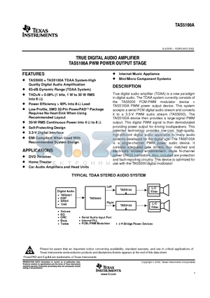 TAS5100A_07 datasheet - TRUE DIGITAL AUDIO AMPLIFIER TAS5100A PWM POWER OUTPUT STAGE