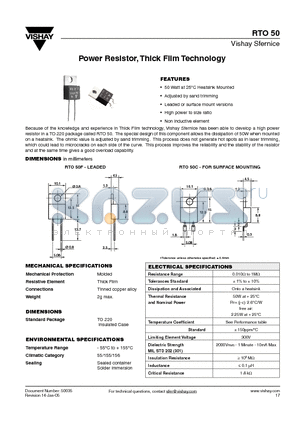 RTO50C100K datasheet - Power Resistor, Thick Film Technology