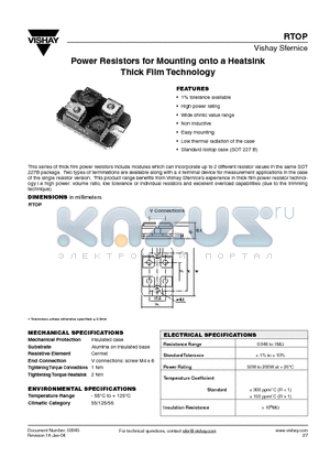 RTOP datasheet - Power Resistors for Mounting onto a Heatsink Thick Film Technology