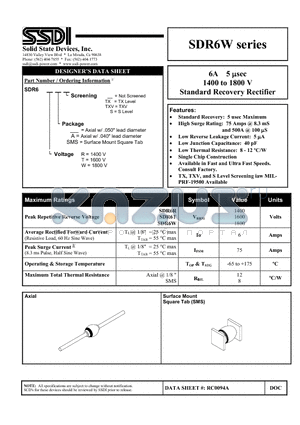 SDR6TSMSTX datasheet - 6A 5 lsec 1400 to 1800 V Standard Recovery Rectifier