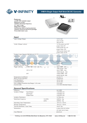 VHB75-D12-S2R5 datasheet - VHB75-Single Output Half Brick DC-DC Converter