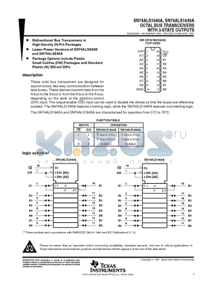 SN74ALS1645AN datasheet - OCTAL BUS TRANSCEIVERS WITH 3-STATE OUTPUTS