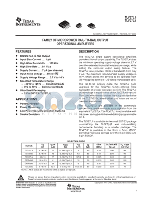 TLV27L1IDBVT datasheet - FAMILY OF MICROPOWER RAIL-TO-RAIL OUTPUT OPERATIONAL AMPLIFIERS