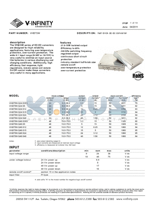 VHB75W-Q24-S24 datasheet - half-brick dc-dc converter