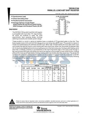 SN74ALS166DBR datasheet - PARALLEL-LOAD 8-BIT SHIFT REGISTER