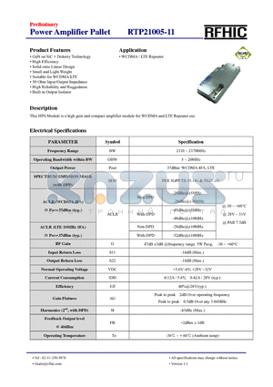 RTP21005-11 datasheet - This HPA Module is a high gain and compact amplifier module for WCDMA and LTE Repeater use.