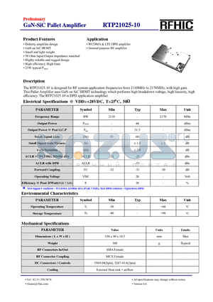 RTP21025-10 datasheet - The RTP21025-10 is designed for RF system application frequencies from 2110MHz to 2170MHz, with high gain.