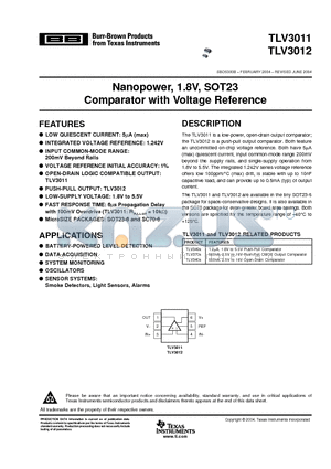 TLV3012 datasheet - Nanopower, 1.8V, SOT23 Comparator with Voltage Reference