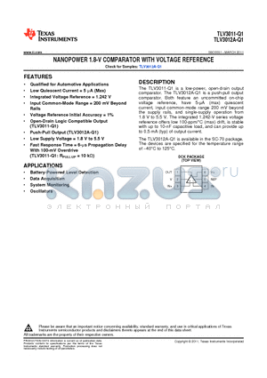 TLV3012-Q1 datasheet - NANOPOWER 1.8-V COMPARATOR WITH VOLTAGE REFERENCE