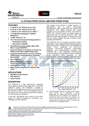 TAS5162 datasheet - 2 x 210 Watt STEREO DIGITAL AMPLIFIER POWER STAGE