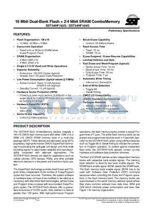 SST34HF162G-70-4C-LBK datasheet - 16 Mbit Dual-Bank Flash  2/4 Mbit SRAM ComboMemory