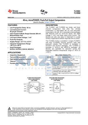 TLV3201AIDCKT datasheet - 40-ns, microPOWER, Push-Pull Output Comparators