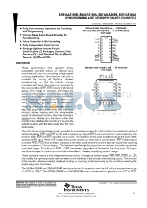 SN74ALS169BNSR datasheet - SYNCHRONOUS 4-BIT UP/DOWN BINARY COUNTERS
