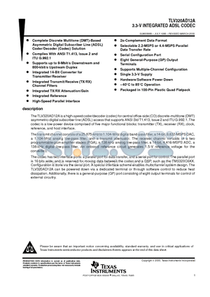TLV320AD12A datasheet - 3.3-V INTEGRATED ADSL CODEC